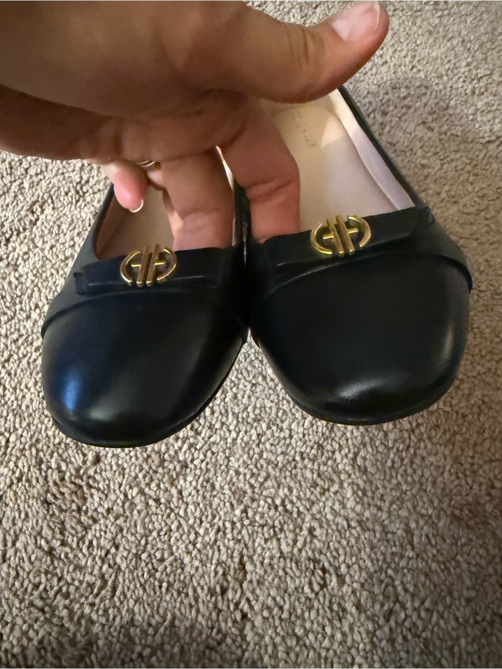 Cole Haan Black Leather Ballet Flats with Gold Logo - Picture 2 of 6